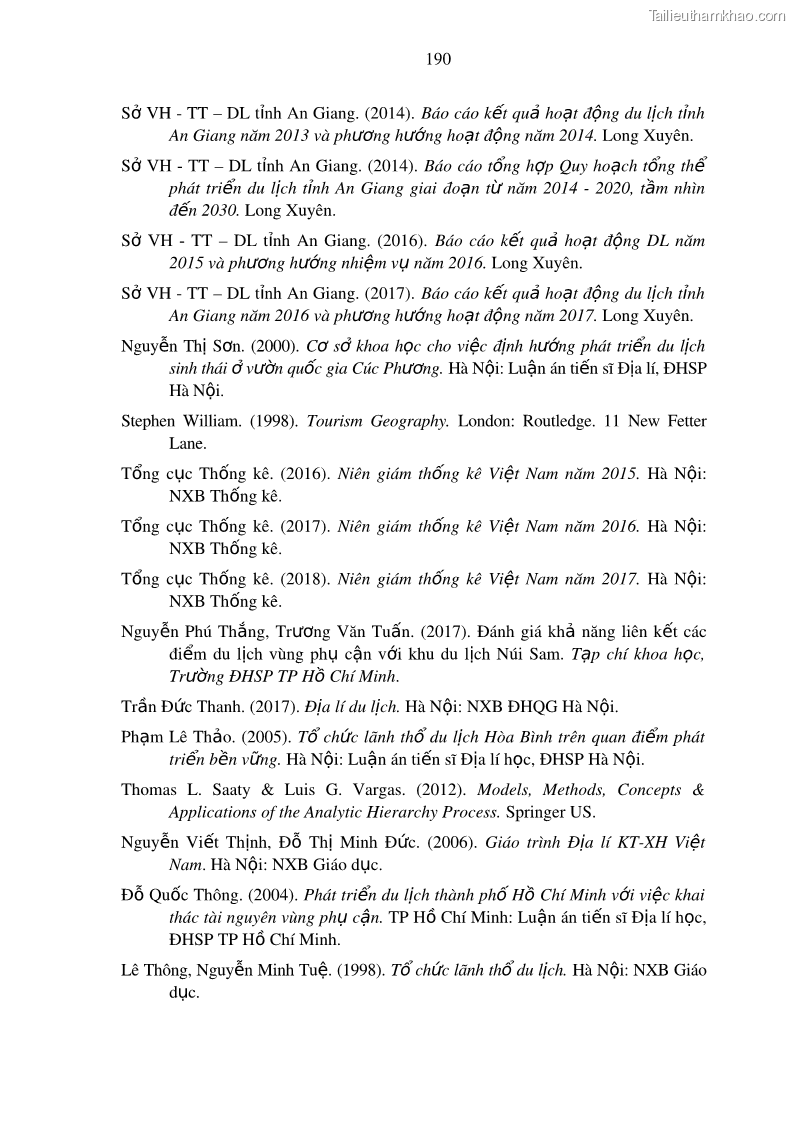 Luận án tiến sĩ địa lý Phát triển du lịch tỉnh An Giang trong liên kết Vùng phụ cận - 17 Trang 204