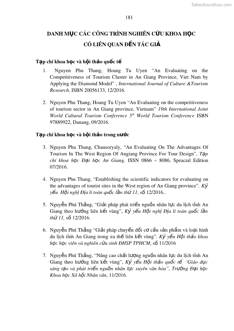 Luận án tiến sĩ địa lý Phát triển du lịch tỉnh An Giang trong liên kết Vùng phụ cận - 17 Trang 195