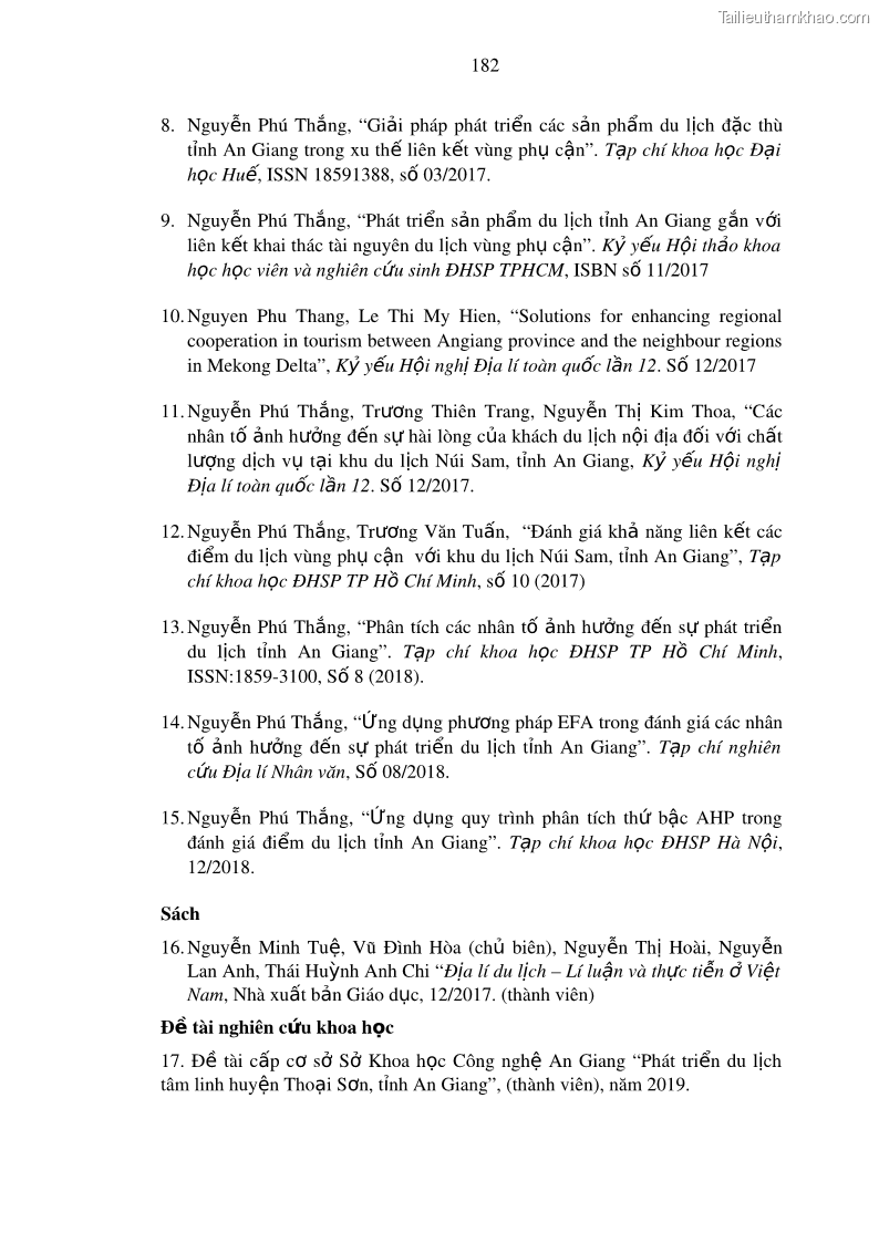 Luận án tiến sĩ địa lý Phát triển du lịch tỉnh An Giang trong liên kết Vùng phụ cận - 17 Trang 196