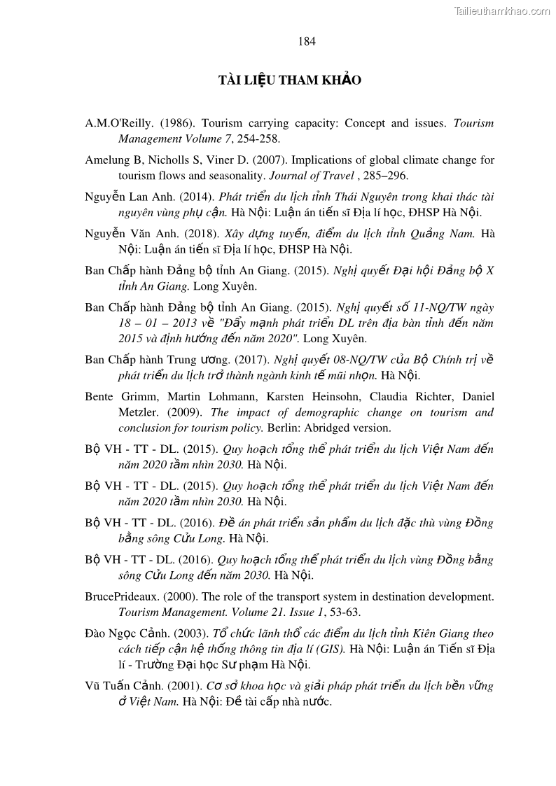 Luận án tiến sĩ địa lý Phát triển du lịch tỉnh An Giang trong liên kết Vùng phụ cận - 17 Trang 198