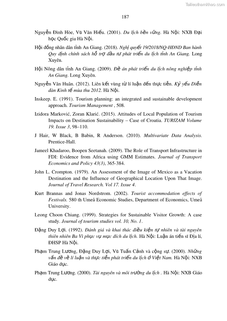 Luận án tiến sĩ địa lý Phát triển du lịch tỉnh An Giang trong liên kết Vùng phụ cận - 17 Trang 201