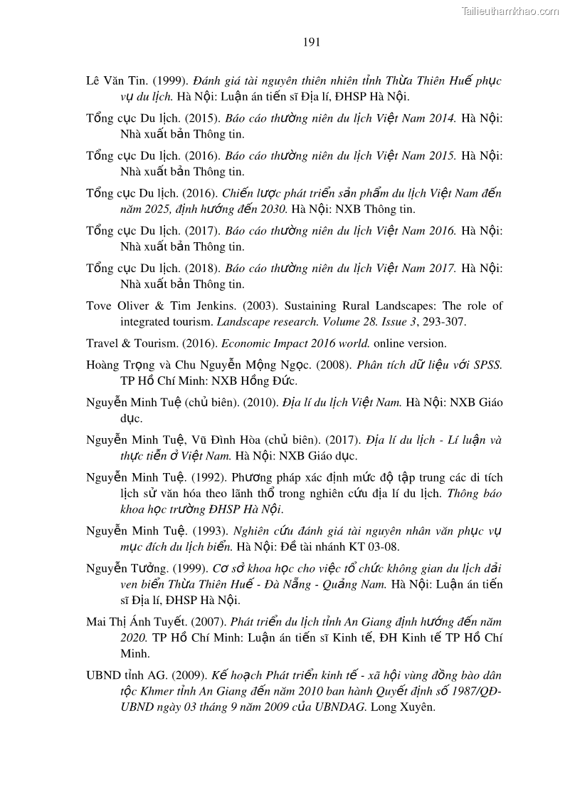 Luận án tiến sĩ địa lý Phát triển du lịch tỉnh An Giang trong liên kết Vùng phụ cận - 18 Trang 205