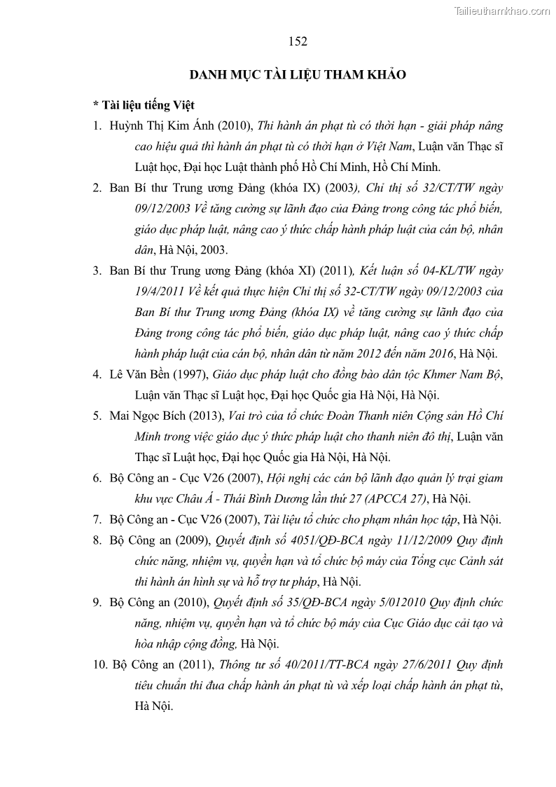 Luận án tiến sĩ Giáo dục pháp luật cho phạm nhân trong các trại giam ở Việt Nam - 14 Trang 158