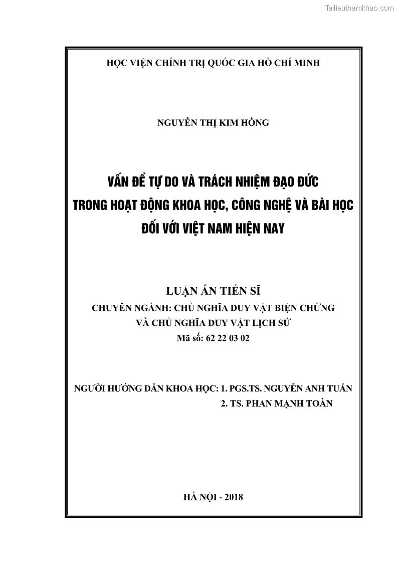 Luận án tiến sĩ Vấn đề tự do và trách nhiệm đạo đức trong hoạt động khoa học, công nghệ và bài học đối với Việt Nam hiện nay - 1 Trang 2