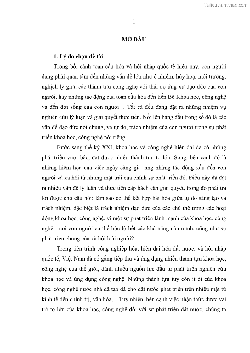 Luận án tiến sĩ Vấn đề tự do và trách nhiệm đạo đức trong hoạt động khoa học, công nghệ và bài học đối với Việt Nam hiện nay - 1 Trang 6
