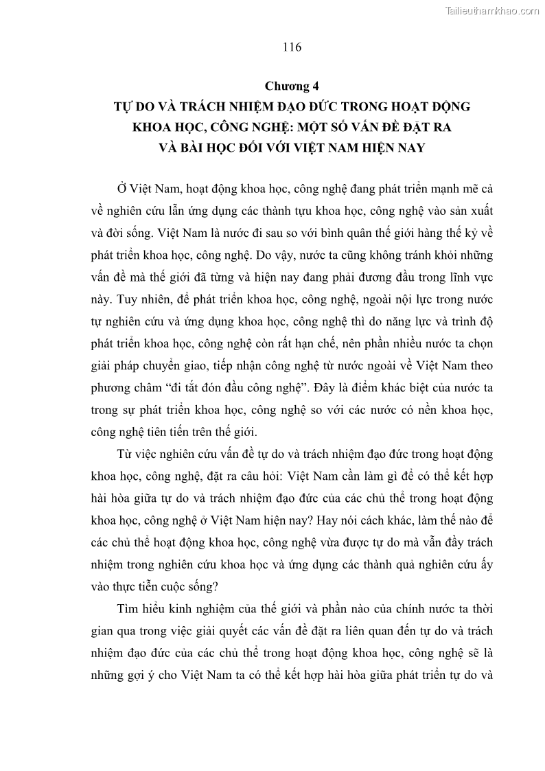 Luận án tiến sĩ Vấn đề tự do và trách nhiệm đạo đức trong hoạt động khoa học, công nghệ và bài học đối với Việt Nam hiện nay - 11 Trang 121