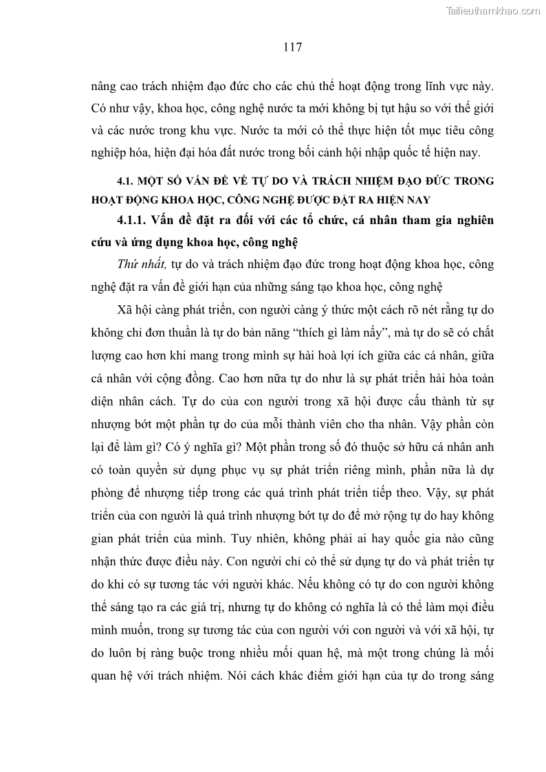 Luận án tiến sĩ Vấn đề tự do và trách nhiệm đạo đức trong hoạt động khoa học, công nghệ và bài học đối với Việt Nam hiện nay - 11 Trang 122