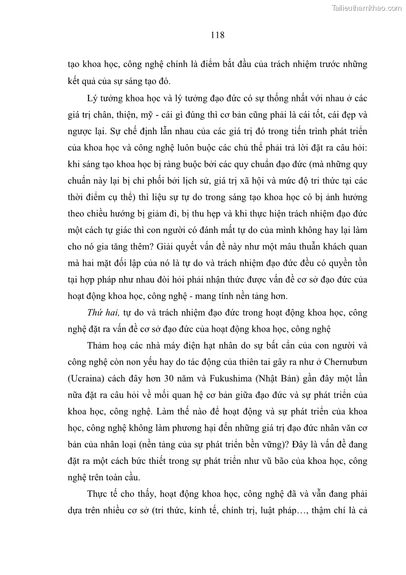 Luận án tiến sĩ Vấn đề tự do và trách nhiệm đạo đức trong hoạt động khoa học, công nghệ và bài học đối với Việt Nam hiện nay - 11 Trang 123