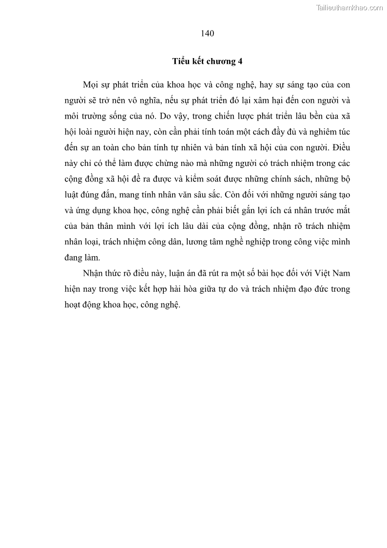 Luận án tiến sĩ Vấn đề tự do và trách nhiệm đạo đức trong hoạt động khoa học, công nghệ và bài học đối với Việt Nam hiện nay - 13 Trang 145