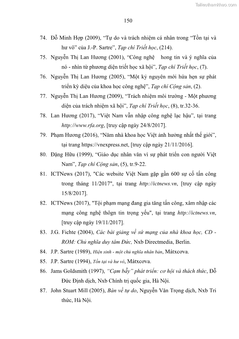 Luận án tiến sĩ Vấn đề tự do và trách nhiệm đạo đức trong hoạt động khoa học, công nghệ và bài học đối với Việt Nam hiện nay - 13 Trang 155