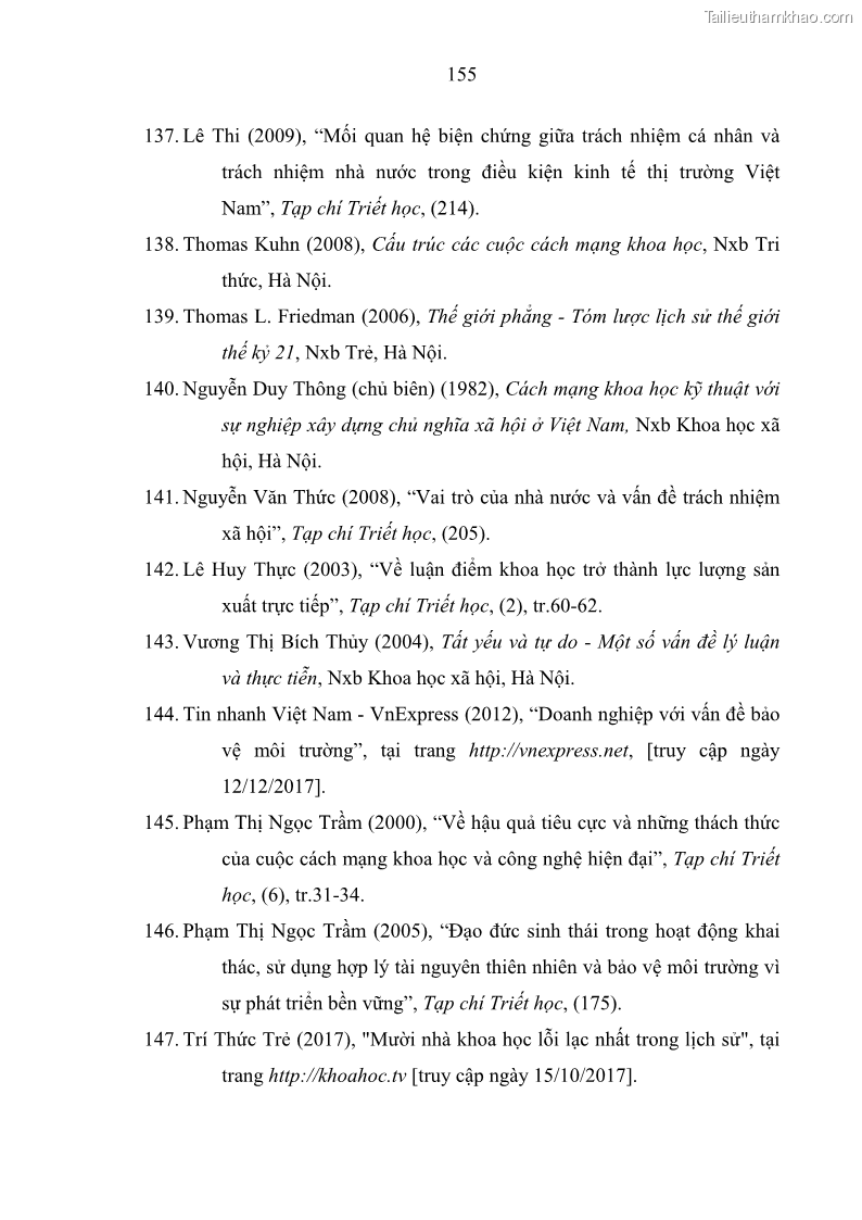 Luận án tiến sĩ Vấn đề tự do và trách nhiệm đạo đức trong hoạt động khoa học, công nghệ và bài học đối với Việt Nam hiện nay - 14 Trang 160