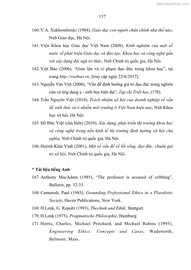 Luận án tiến sĩ Vấn đề tự do và trách nhiệm đạo đức trong hoạt động khoa học, công nghệ và bài học đối với Việt Nam hiện nay - 14 Trang 162