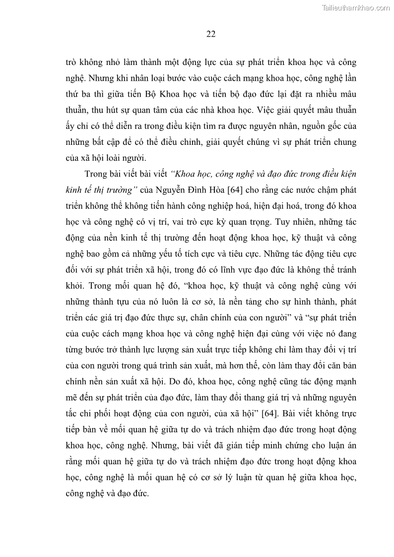 Luận án tiến sĩ Vấn đề tự do và trách nhiệm đạo đức trong hoạt động khoa học, công nghệ và bài học đối với Việt Nam hiện nay - 3 Trang 27