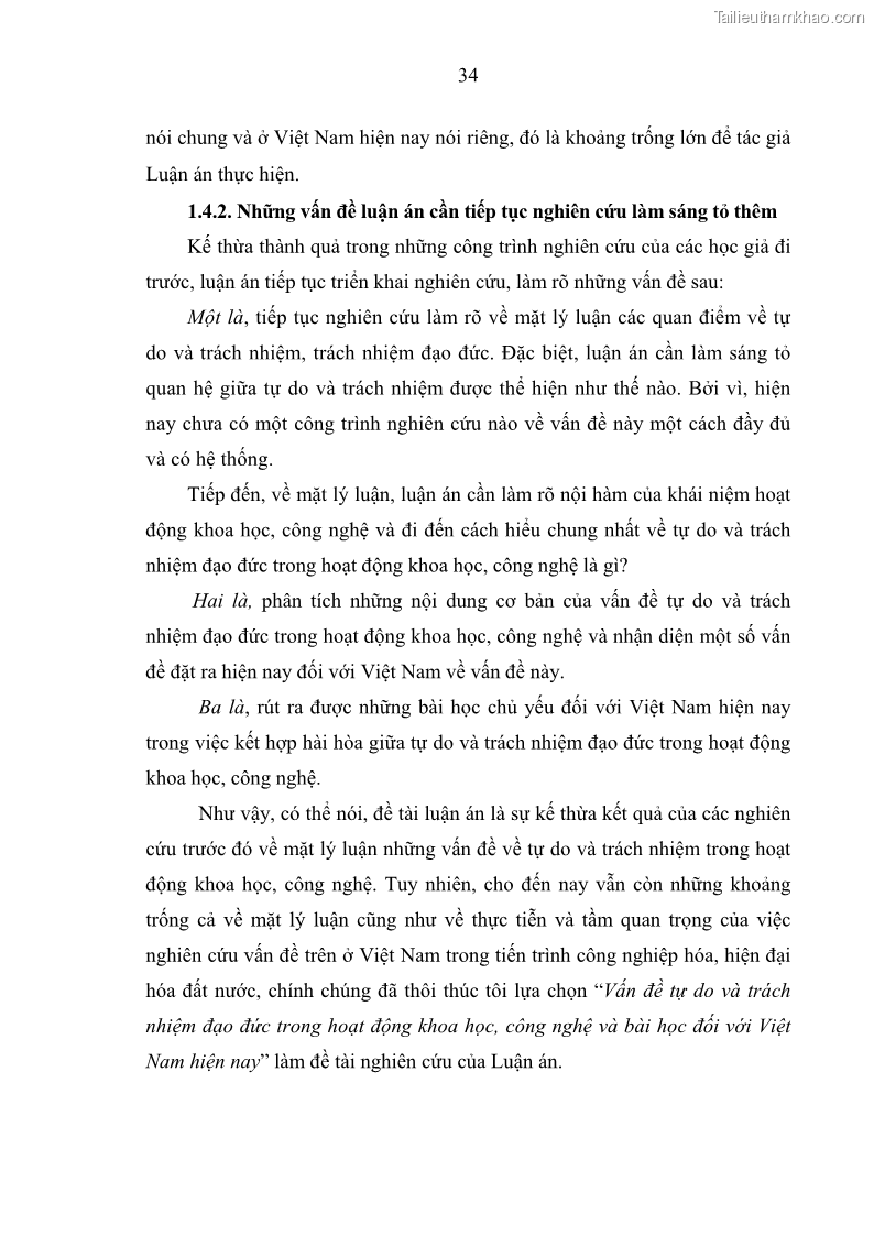 Luận án tiến sĩ Vấn đề tự do và trách nhiệm đạo đức trong hoạt động khoa học, công nghệ và bài học đối với Việt Nam hiện nay - 4 Trang 39
