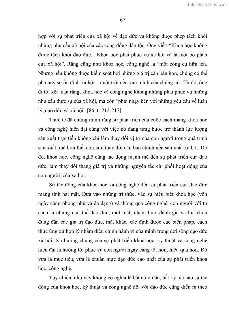 Luận án tiến sĩ Vấn đề tự do và trách nhiệm đạo đức trong hoạt động khoa học, công nghệ và bài học đối với Việt Nam hiện nay - 6 Trang 72