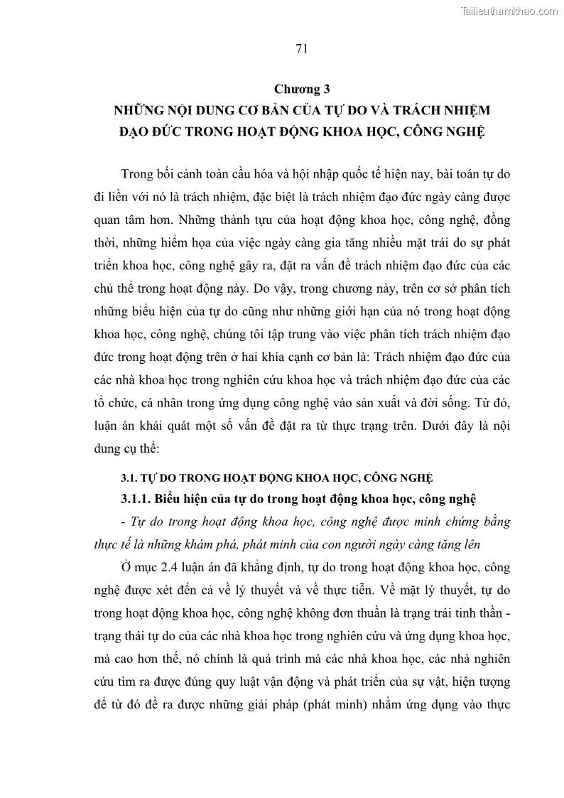 Luận án tiến sĩ Vấn đề tự do và trách nhiệm đạo đức trong hoạt động khoa học, công nghệ và bài học đối với Việt Nam hiện nay - 7 Trang 76