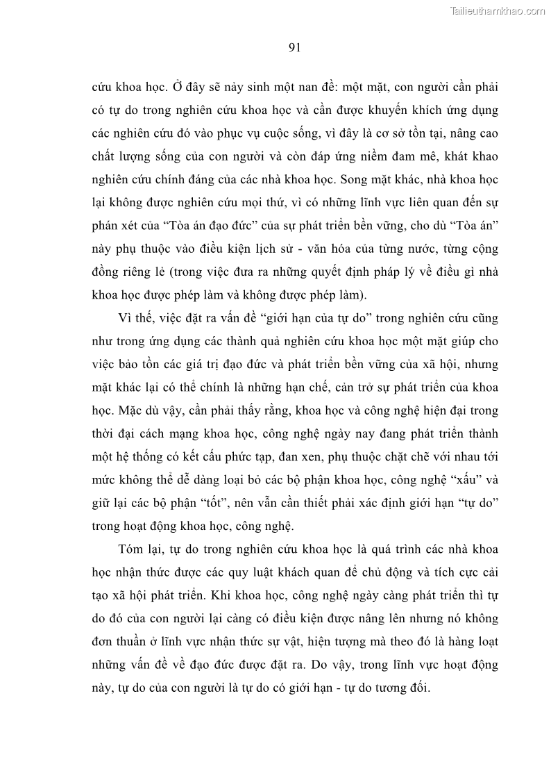 Luận án tiến sĩ Vấn đề tự do và trách nhiệm đạo đức trong hoạt động khoa học, công nghệ và bài học đối với Việt Nam hiện nay - 8 Trang 96