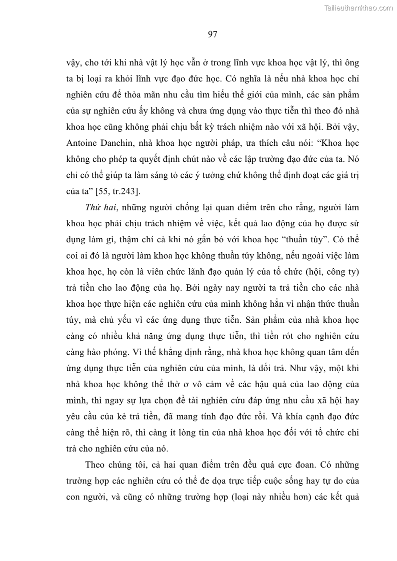 Luận án tiến sĩ Vấn đề tự do và trách nhiệm đạo đức trong hoạt động khoa học, công nghệ và bài học đối với Việt Nam hiện nay - 9 Trang 102