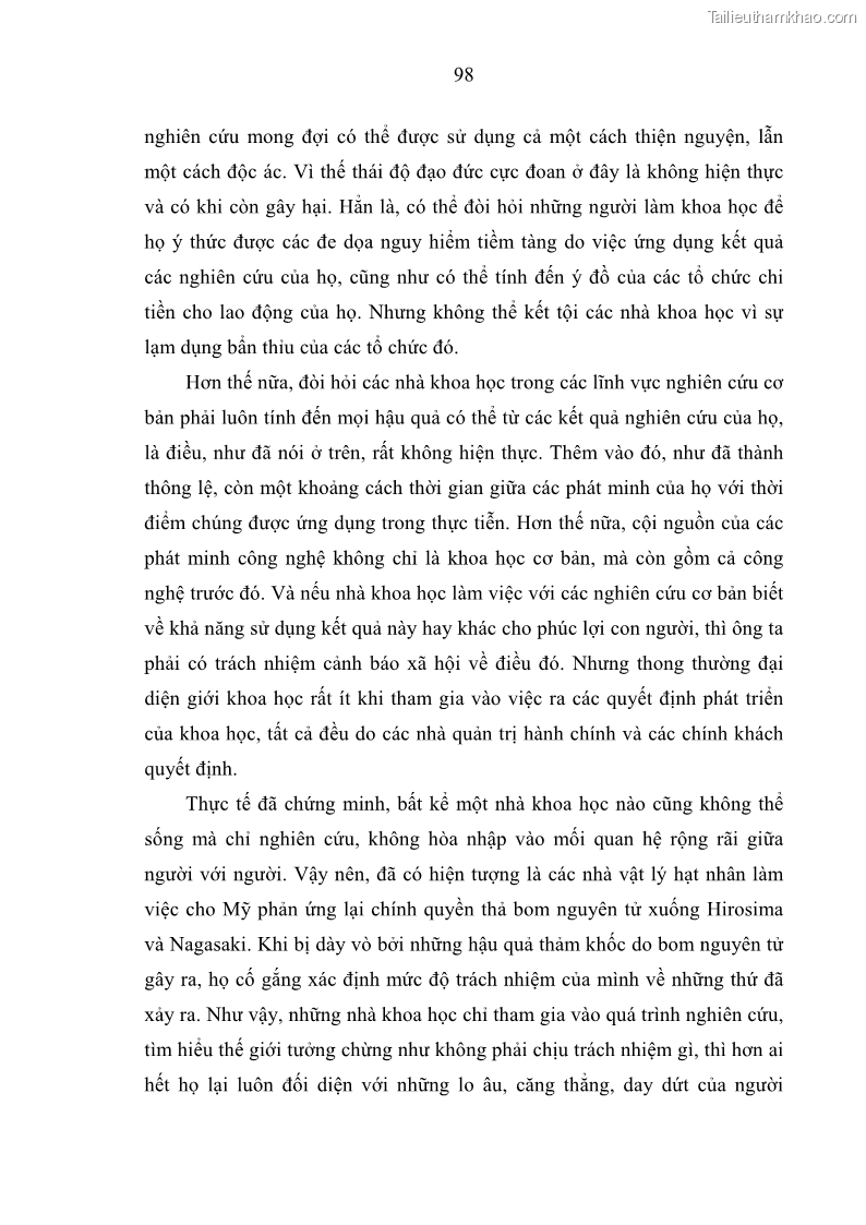 Luận án tiến sĩ Vấn đề tự do và trách nhiệm đạo đức trong hoạt động khoa học, công nghệ và bài học đối với Việt Nam hiện nay - 9 Trang 103