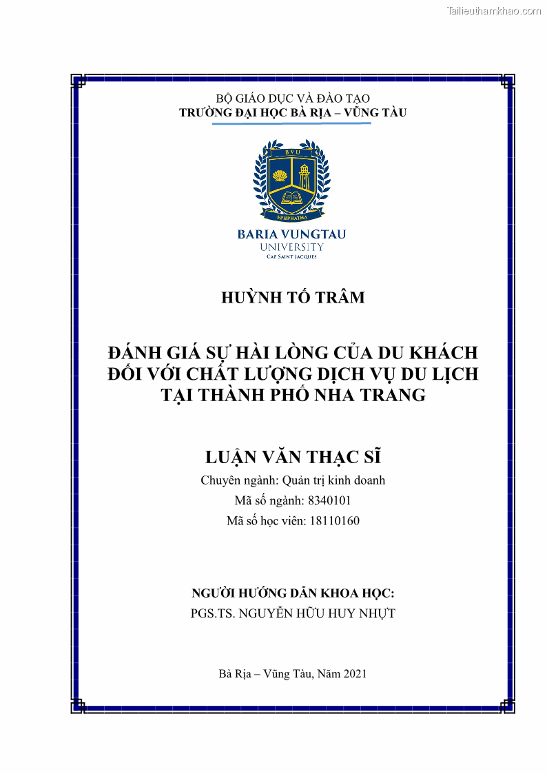 Luận văn thạc sĩ Đánh giá sự hài lòng của du khách đối với chất lượng dịch vụ du lịch tại thành phố Nha Trang - 1 Trang 1