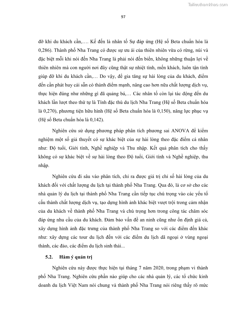 Luận văn thạc sĩ Đánh giá sự hài lòng của du khách đối với chất lượng dịch vụ du lịch tại thành phố Nha Trang - 10 Trang 109