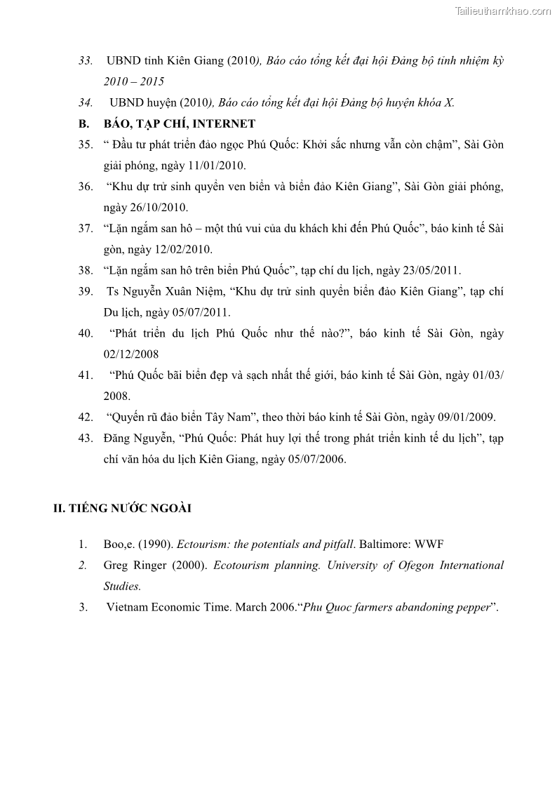 Luận văn thạc sĩ địa lý học Phát triển các loại hình du lịch huyện đảo Phú Quốc tỉnh Kiên Giang theo hướng bền vững - 10 Trang 109