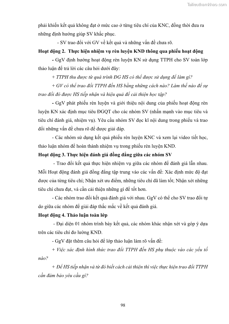 Luận án tiến sĩ khoa học giáo dục Rèn luyện cho sinh viên đại học sư phạm kĩ năng đánh giá quá trình trong dạy học sinh học ở trường phổ thông - 10 Trang 109