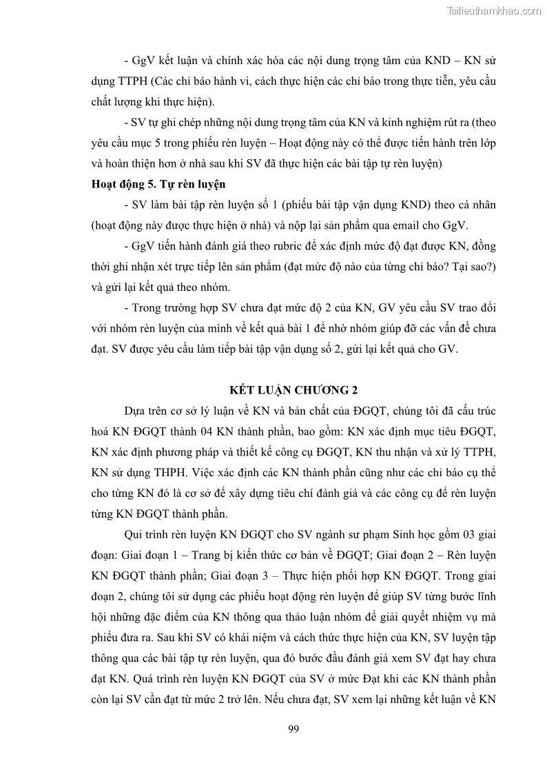 Luận án tiến sĩ khoa học giáo dục Rèn luyện cho sinh viên đại học sư phạm kĩ năng đánh giá quá trình trong dạy học sinh học ở trường phổ thông - 10 Trang 110
