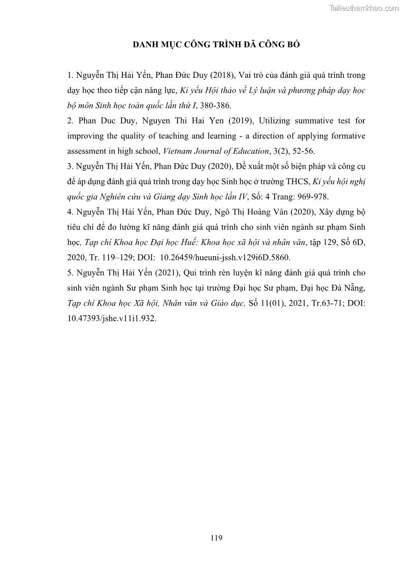 Luận án tiến sĩ khoa học giáo dục Rèn luyện cho sinh viên đại học sư phạm kĩ năng đánh giá quá trình trong dạy học sinh học ở trường phổ thông - 11 Trang 130