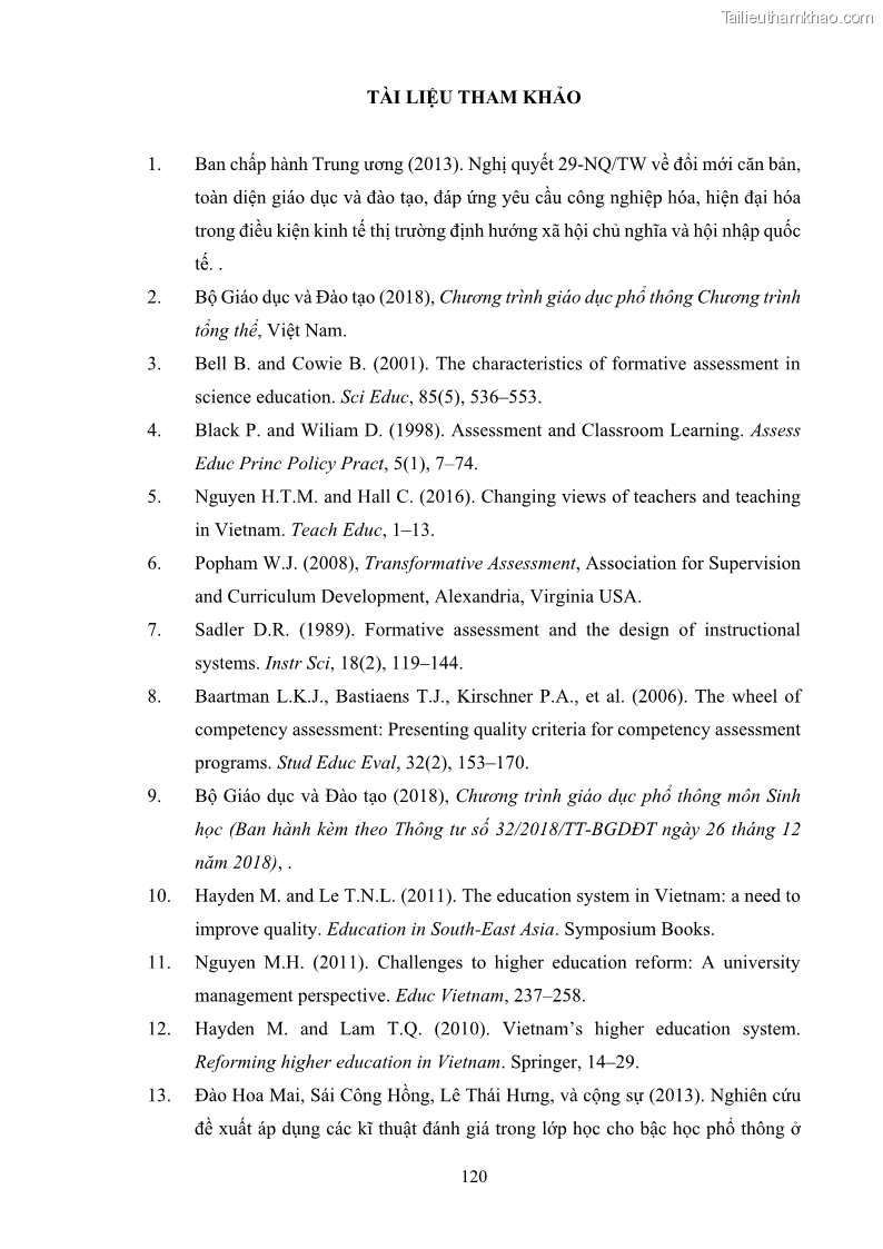 Luận án tiến sĩ khoa học giáo dục Rèn luyện cho sinh viên đại học sư phạm kĩ năng đánh giá quá trình trong dạy học sinh học ở trường phổ thông - 11 Trang 131