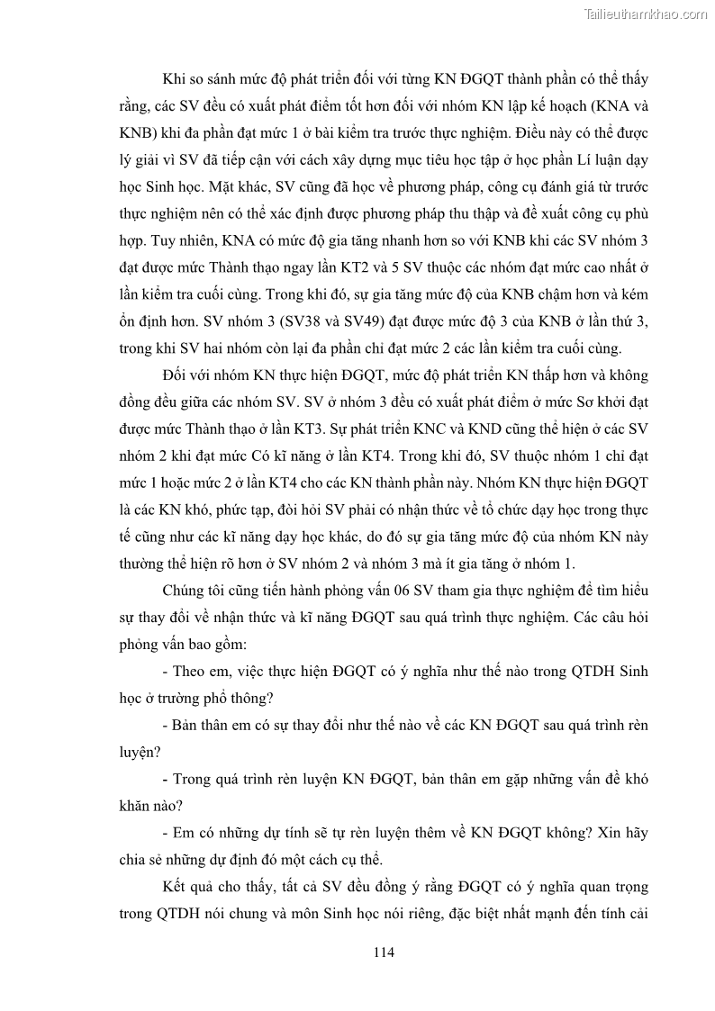 Luận án tiến sĩ khoa học giáo dục Rèn luyện cho sinh viên đại học sư phạm kĩ năng đánh giá quá trình trong dạy học sinh học ở trường phổ thông - 11 Trang 125