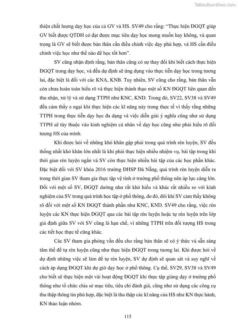 Luận án tiến sĩ khoa học giáo dục Rèn luyện cho sinh viên đại học sư phạm kĩ năng đánh giá quá trình trong dạy học sinh học ở trường phổ thông - 11 Trang 126
