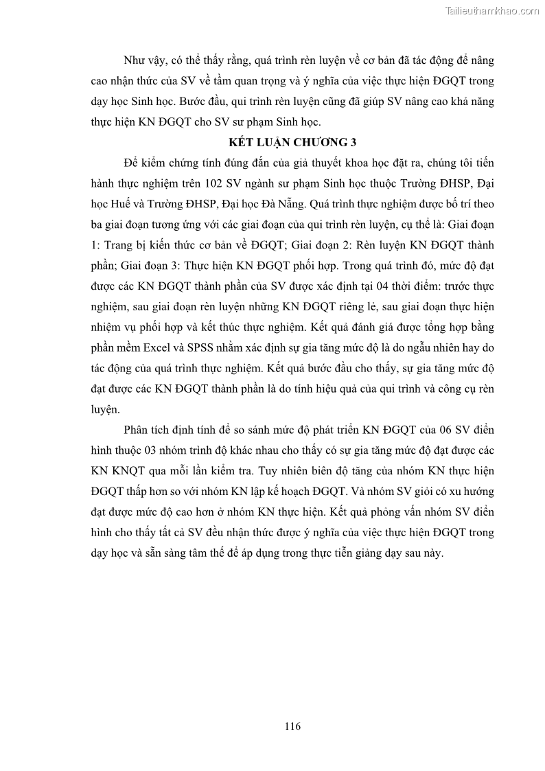 Luận án tiến sĩ khoa học giáo dục Rèn luyện cho sinh viên đại học sư phạm kĩ năng đánh giá quá trình trong dạy học sinh học ở trường phổ thông - 11 Trang 127