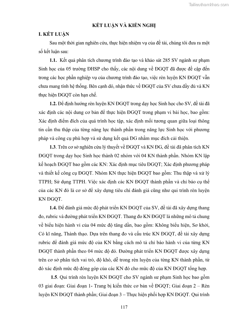 Luận án tiến sĩ khoa học giáo dục Rèn luyện cho sinh viên đại học sư phạm kĩ năng đánh giá quá trình trong dạy học sinh học ở trường phổ thông - 11 Trang 128