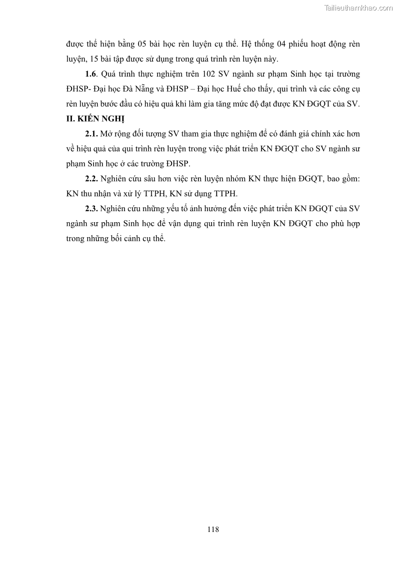 Luận án tiến sĩ khoa học giáo dục Rèn luyện cho sinh viên đại học sư phạm kĩ năng đánh giá quá trình trong dạy học sinh học ở trường phổ thông - 11 Trang 129
