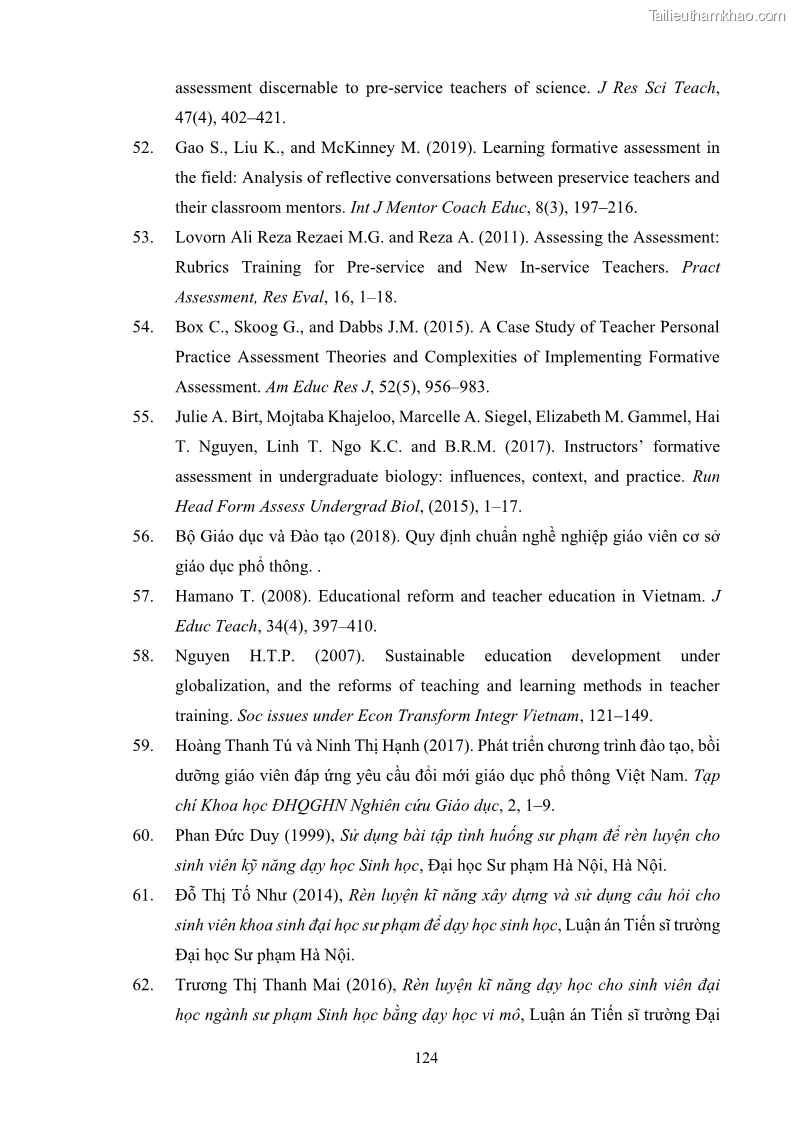 Luận án tiến sĩ khoa học giáo dục Rèn luyện cho sinh viên đại học sư phạm kĩ năng đánh giá quá trình trong dạy học sinh học ở trường phổ thông - 12 Trang 135