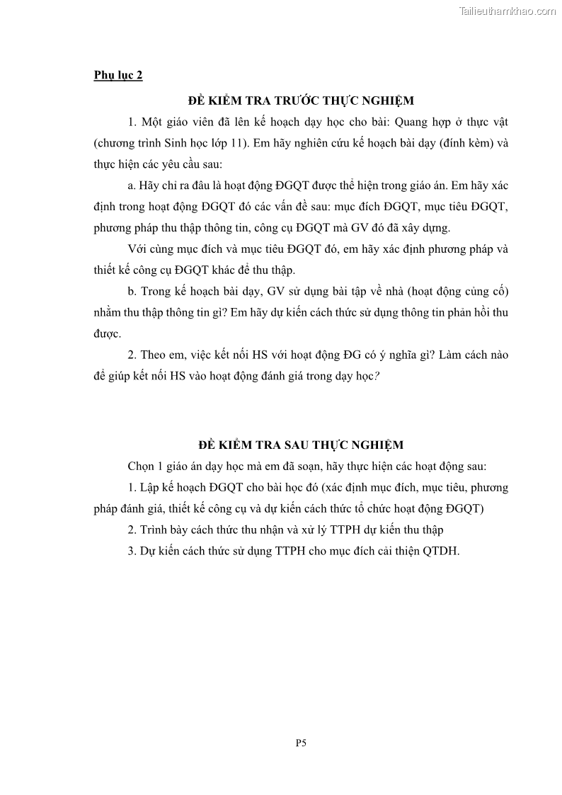 Luận án tiến sĩ khoa học giáo dục Rèn luyện cho sinh viên đại học sư phạm kĩ năng đánh giá quá trình trong dạy học sinh học ở trường phổ thông - 13 Trang 145