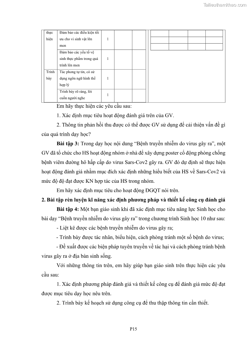 Luận án tiến sĩ khoa học giáo dục Rèn luyện cho sinh viên đại học sư phạm kĩ năng đánh giá quá trình trong dạy học sinh học ở trường phổ thông - 13 Trang 155