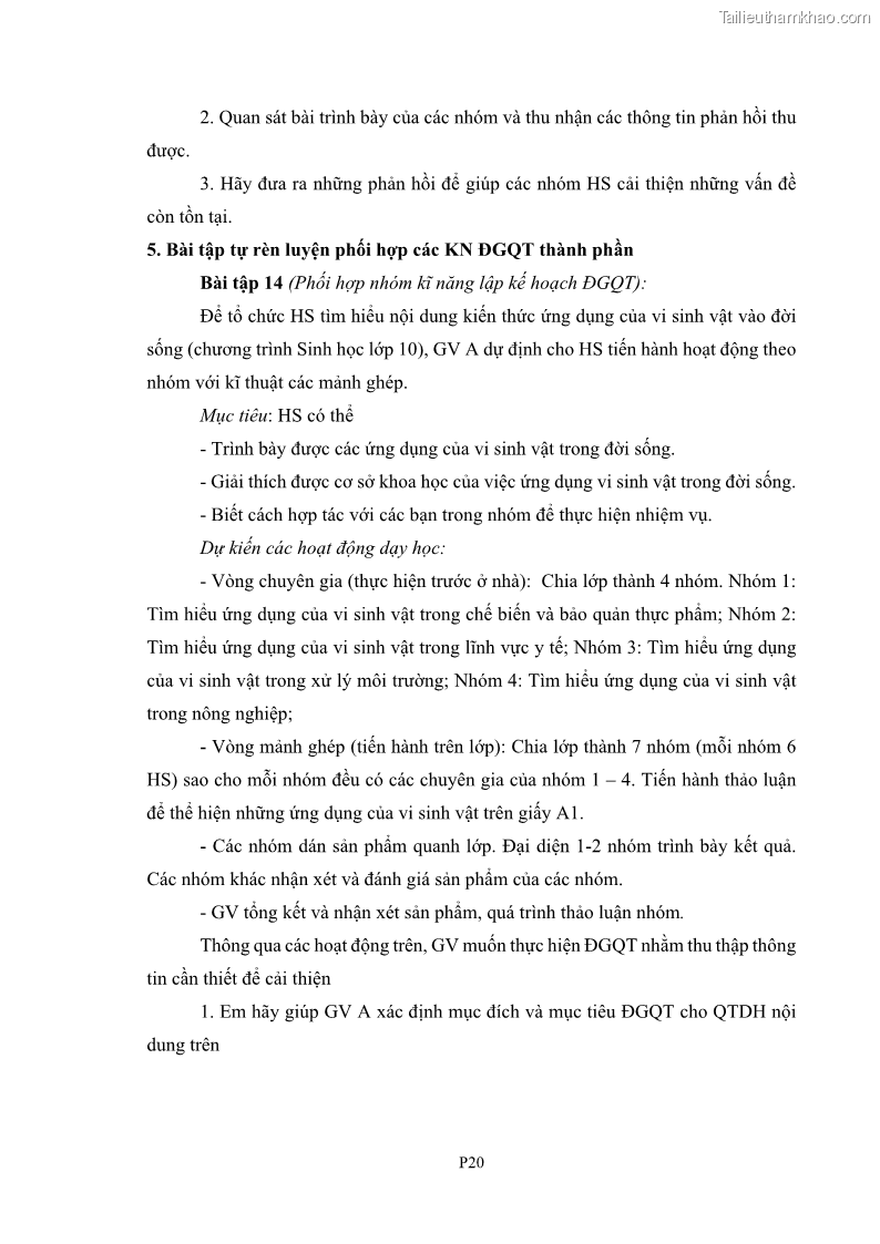 Luận án tiến sĩ khoa học giáo dục Rèn luyện cho sinh viên đại học sư phạm kĩ năng đánh giá quá trình trong dạy học sinh học ở trường phổ thông - 14 Trang 160