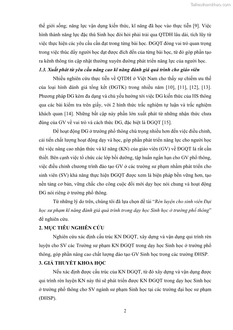 Luận án tiến sĩ khoa học giáo dục Rèn luyện cho sinh viên đại học sư phạm kĩ năng đánh giá quá trình trong dạy học sinh học ở trường phổ thông - 2 Trang 13