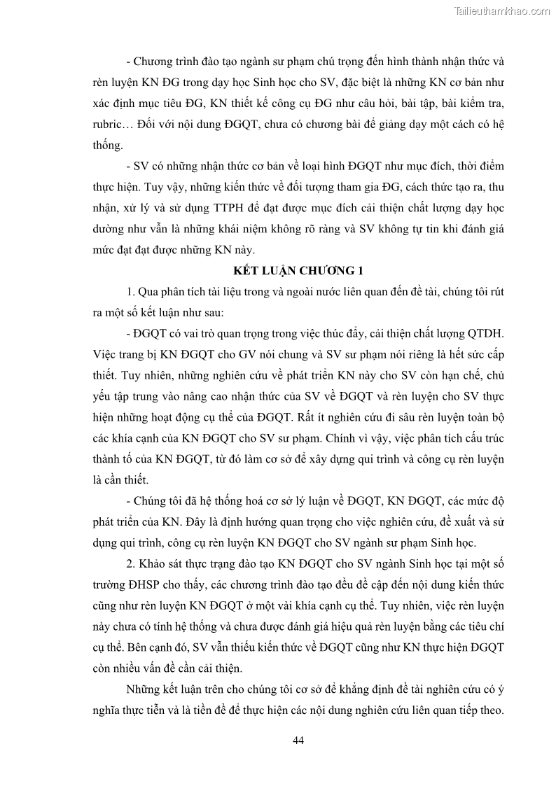 Luận án tiến sĩ khoa học giáo dục Rèn luyện cho sinh viên đại học sư phạm kĩ năng đánh giá quá trình trong dạy học sinh học ở trường phổ thông - 5 Trang 55