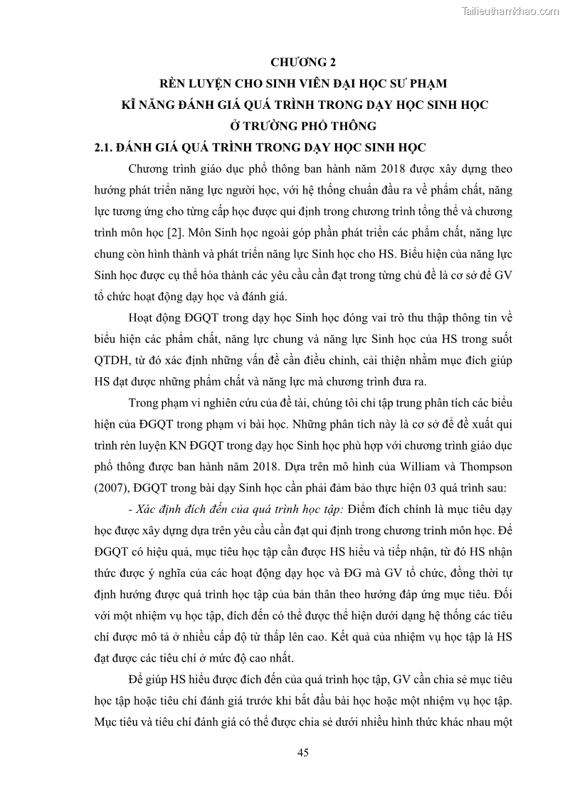 Luận án tiến sĩ khoa học giáo dục Rèn luyện cho sinh viên đại học sư phạm kĩ năng đánh giá quá trình trong dạy học sinh học ở trường phổ thông - 5 Trang 56