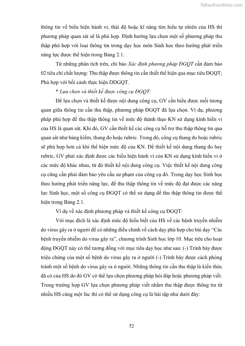 Luận án tiến sĩ khoa học giáo dục Rèn luyện cho sinh viên đại học sư phạm kĩ năng đánh giá quá trình trong dạy học sinh học ở trường phổ thông - 6 Trang 63