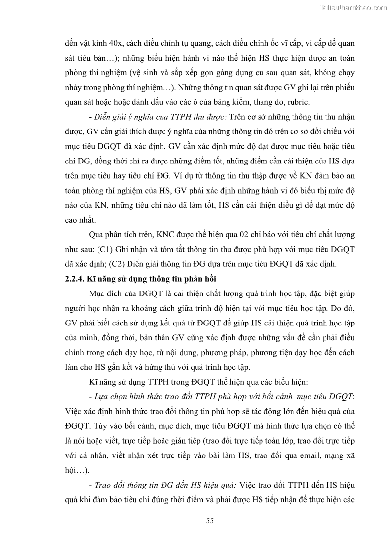 Luận án tiến sĩ khoa học giáo dục Rèn luyện cho sinh viên đại học sư phạm kĩ năng đánh giá quá trình trong dạy học sinh học ở trường phổ thông - 6 Trang 66