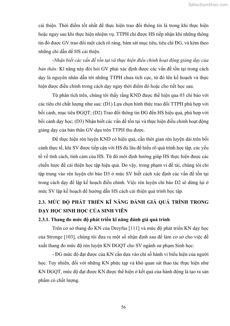 Luận án tiến sĩ khoa học giáo dục Rèn luyện cho sinh viên đại học sư phạm kĩ năng đánh giá quá trình trong dạy học sinh học ở trường phổ thông - 6 Trang 67