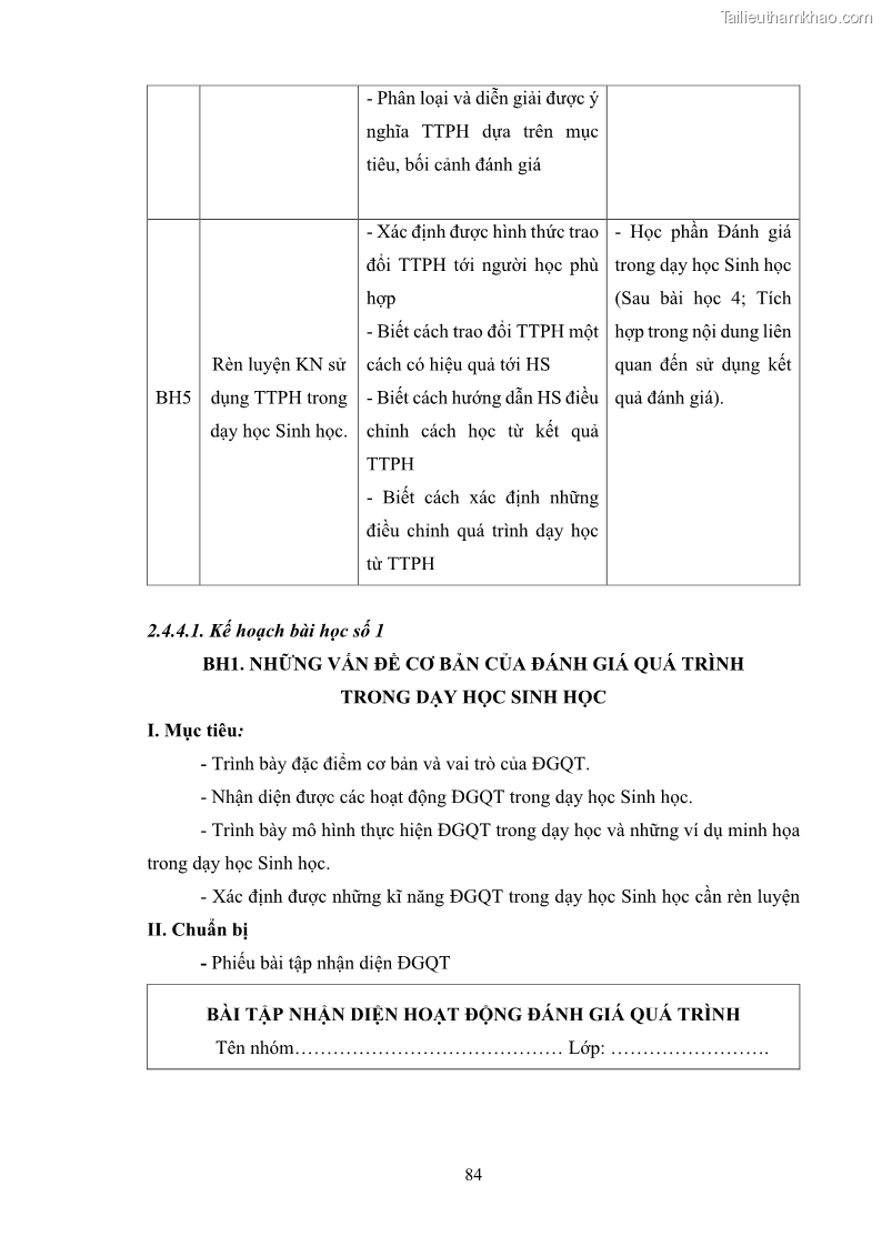 Luận án tiến sĩ khoa học giáo dục Rèn luyện cho sinh viên đại học sư phạm kĩ năng đánh giá quá trình trong dạy học sinh học ở trường phổ thông - 8 Trang 95