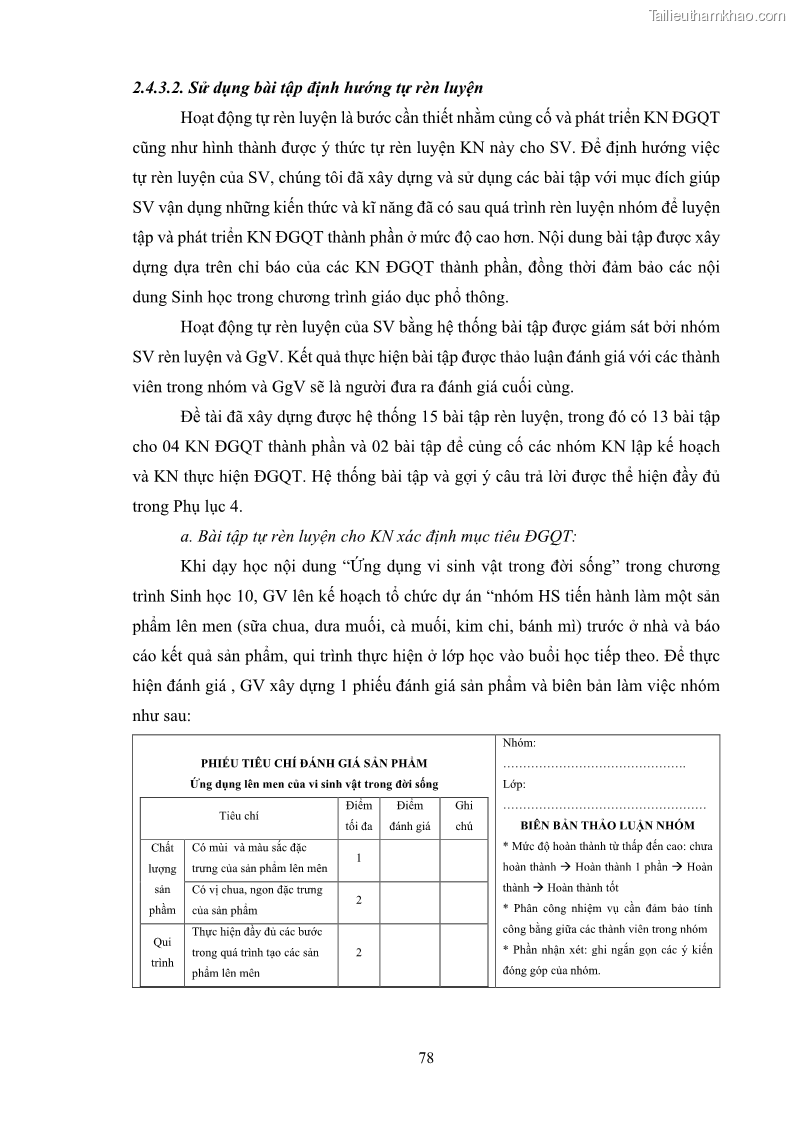 Luận án tiến sĩ khoa học giáo dục Rèn luyện cho sinh viên đại học sư phạm kĩ năng đánh giá quá trình trong dạy học sinh học ở trường phổ thông - 8 Trang 89