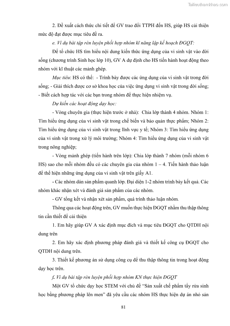 Luận án tiến sĩ khoa học giáo dục Rèn luyện cho sinh viên đại học sư phạm kĩ năng đánh giá quá trình trong dạy học sinh học ở trường phổ thông - 8 Trang 92