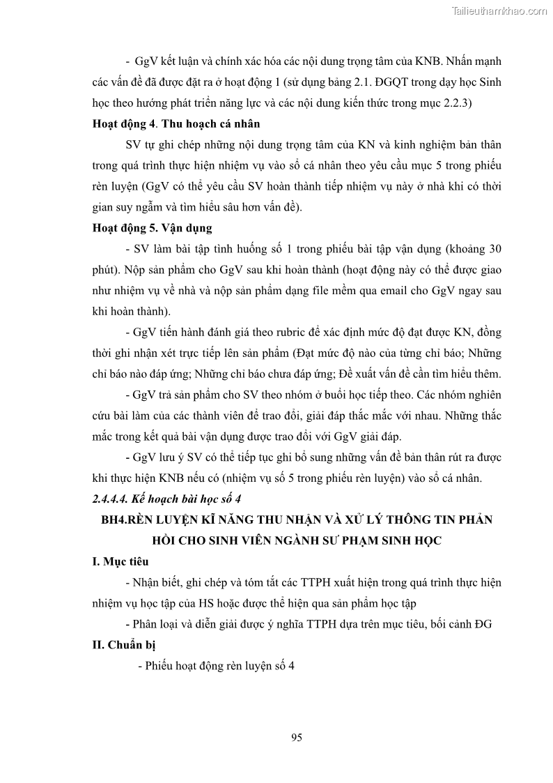 Luận án tiến sĩ khoa học giáo dục Rèn luyện cho sinh viên đại học sư phạm kĩ năng đánh giá quá trình trong dạy học sinh học ở trường phổ thông - 9 Trang 106