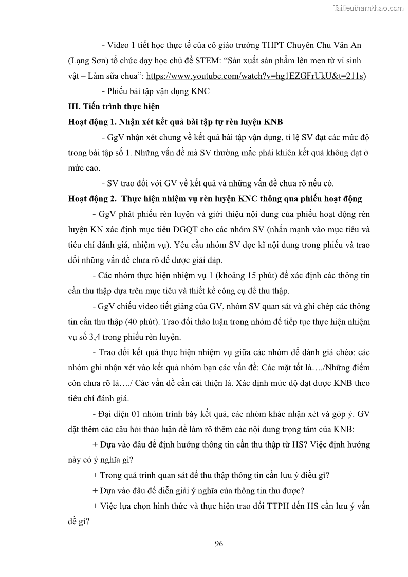 Luận án tiến sĩ khoa học giáo dục Rèn luyện cho sinh viên đại học sư phạm kĩ năng đánh giá quá trình trong dạy học sinh học ở trường phổ thông - 9 Trang 107